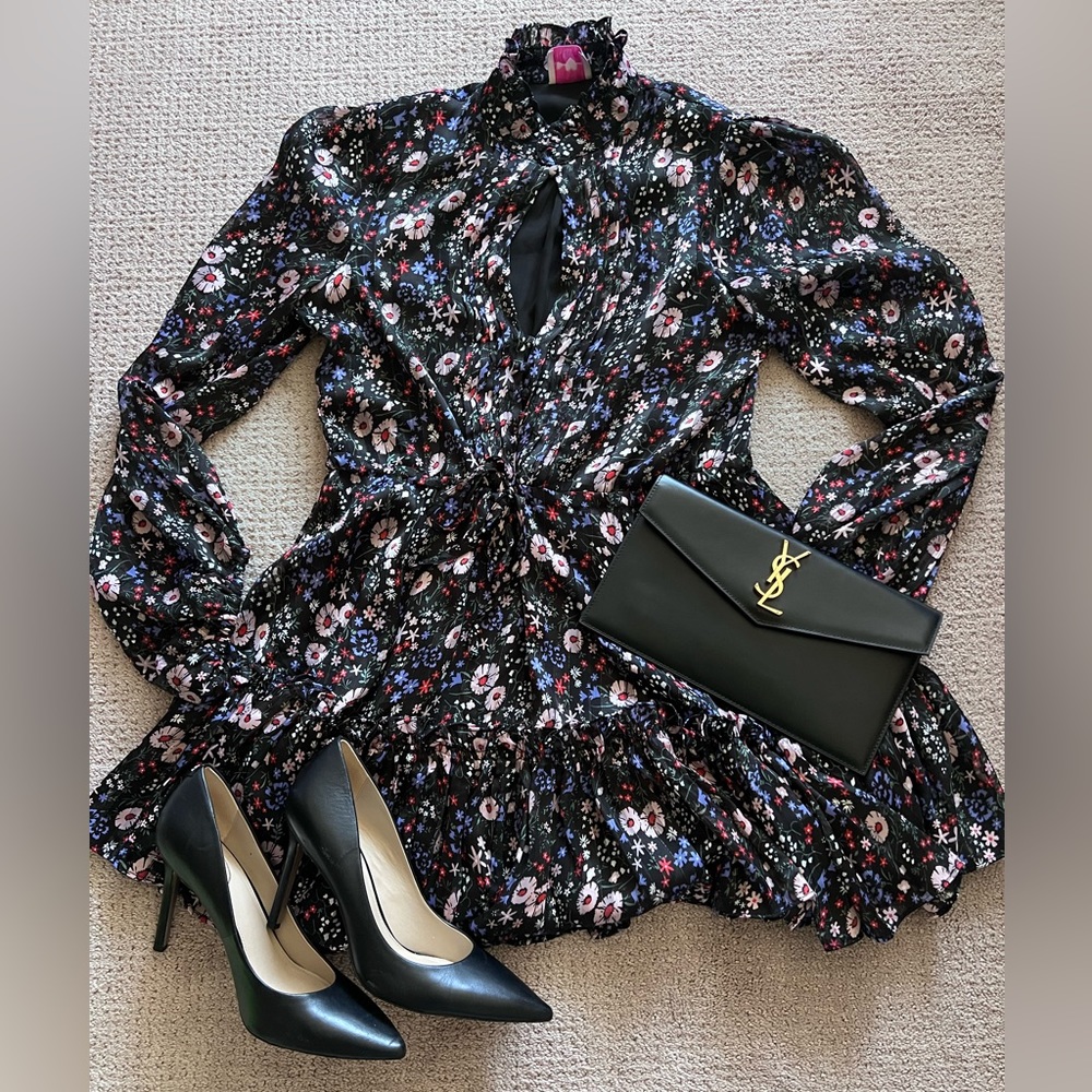 Black, pink and purple dress with balloon sleeves and ruffle neck size medium.